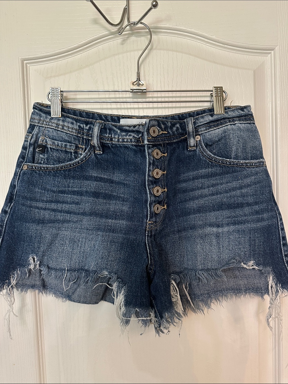 KanCan Dark Blue High-Rise Button-Front Frayed Hem Jean Shorts